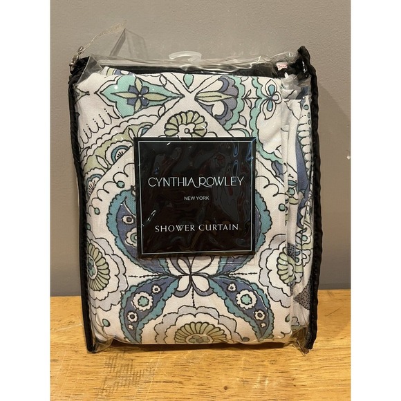 CYNTHIA ROWLEY Parisian Tile Blue Teal Cotton Blend Fabric Shower Curtain 72x72" - Picture 1 of 2